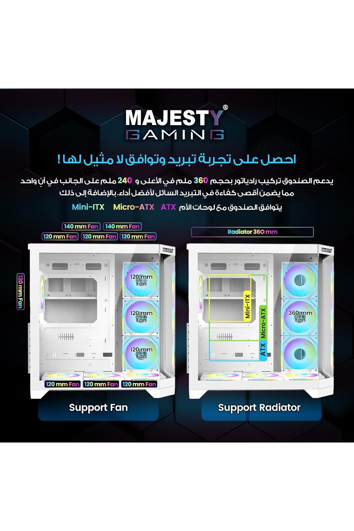 majesty-Majesty Midmavera Midtower Case, 7 ARGB Fans, Tempered Glass, ATX, Type-C & 2xUSB 3.0 Support, White 2