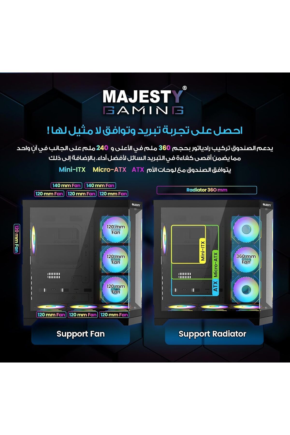 majesty-Majesty Midmavera Midtower Case, 7 ARGB Fans, Tempered Glass, ATX, Type-C & 2xUSB 3.0 Support, Black 7