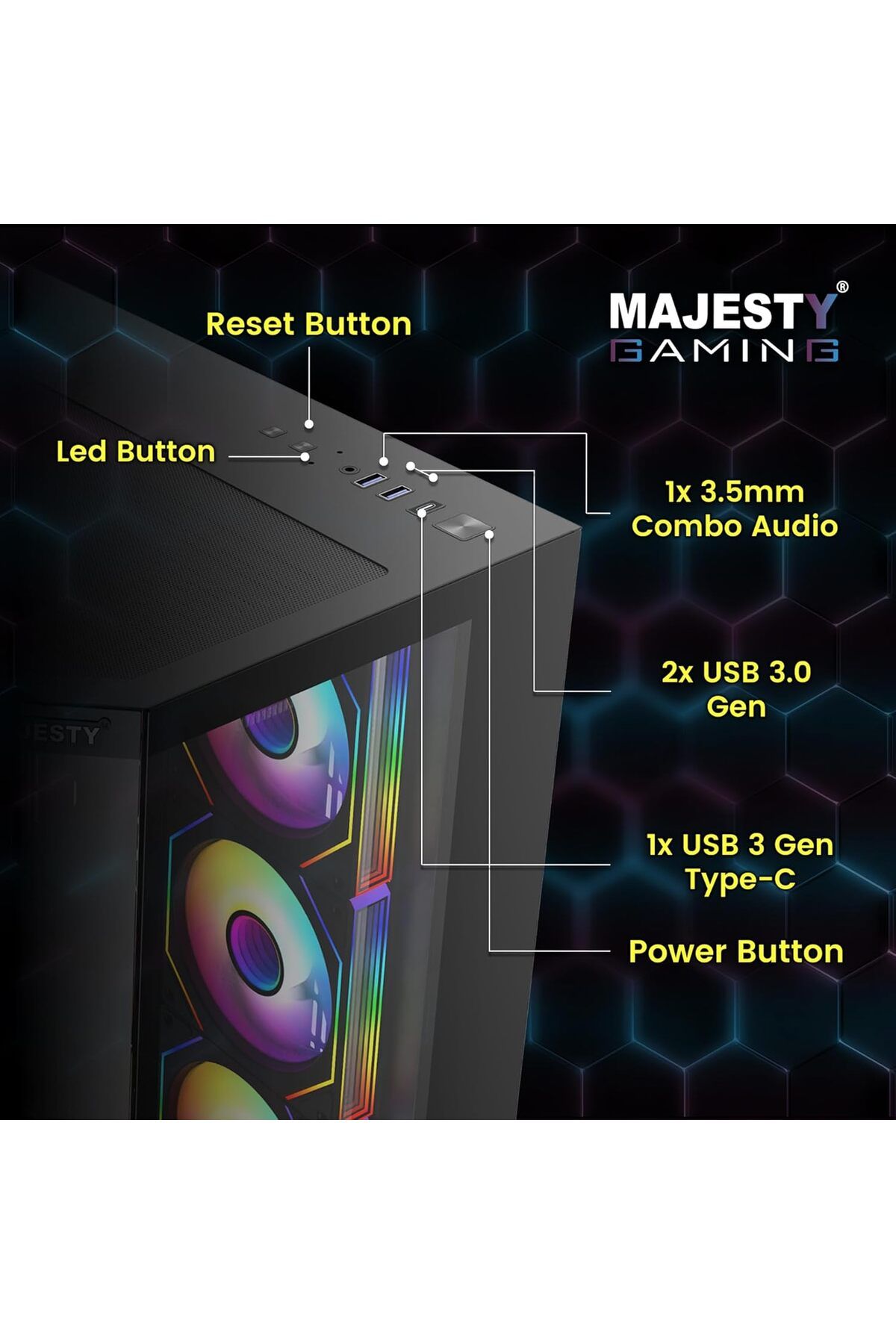 majesty-Majesty Midmavera Midtower Case, 7 ARGB Fans, Tempered Glass, ATX, Type-C & 2xUSB 3.0 Support, Black 5