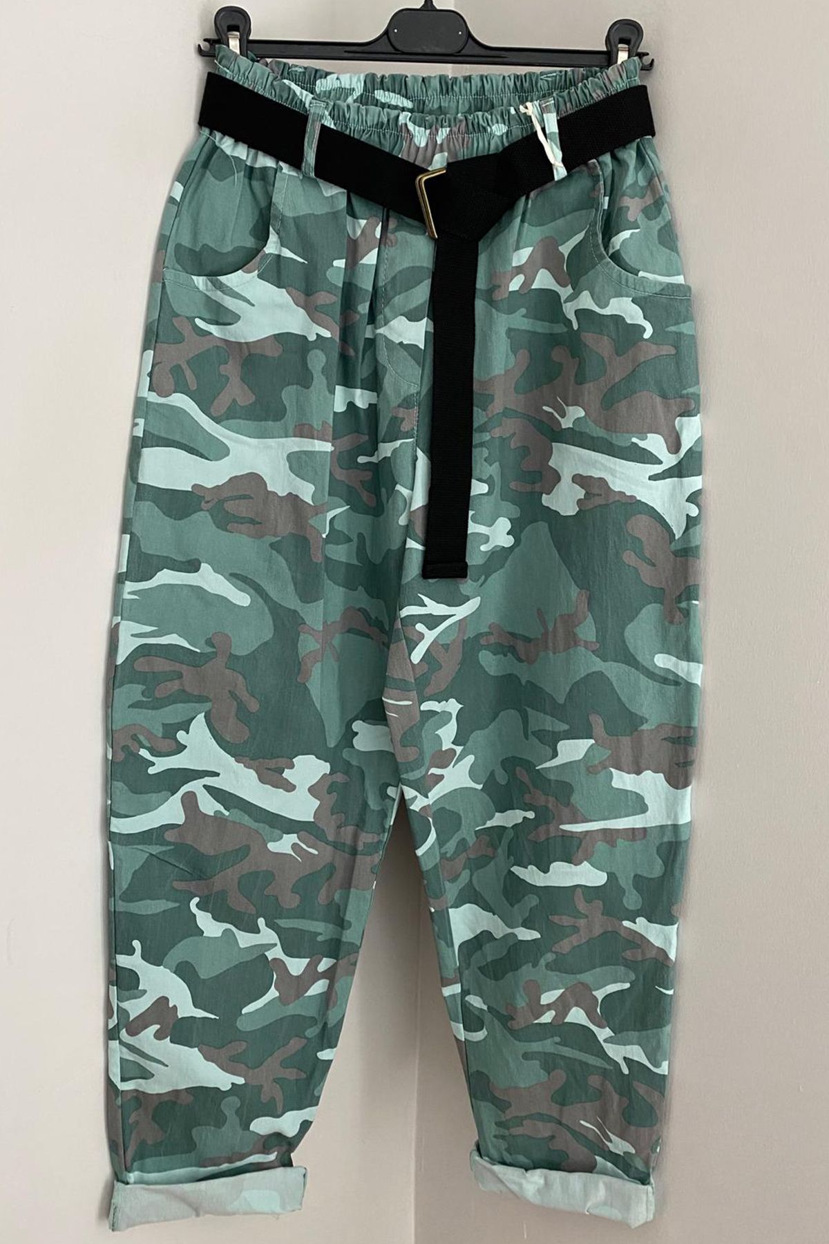AYASOFYA OTANTIK-Women's Italian Water Green Elastic Waist Belted Camouflage Patterned Lycra Loose Carrot Baggy Trousers 1