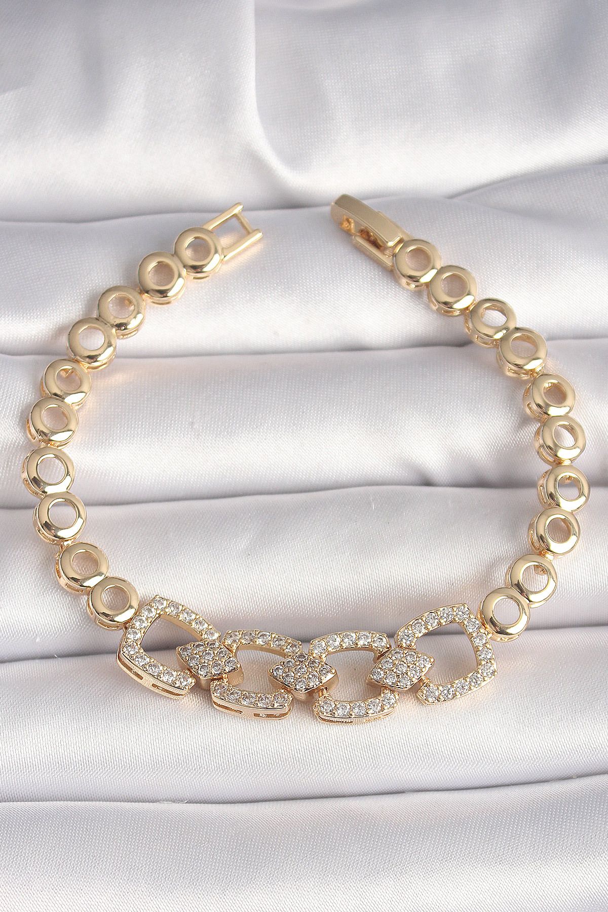 jupiter global bazaar Pirinç Gold Renk Zirkon Taşlı Daire Zincir Model Kadın Bileklik - TJ-BB6842