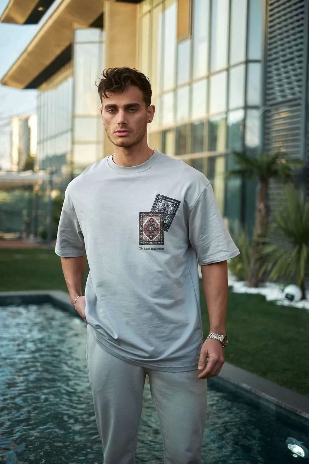 CVS Unisex Bisiklet Yaka Baskılı Oversize T-Shirt - Boyalı Gri