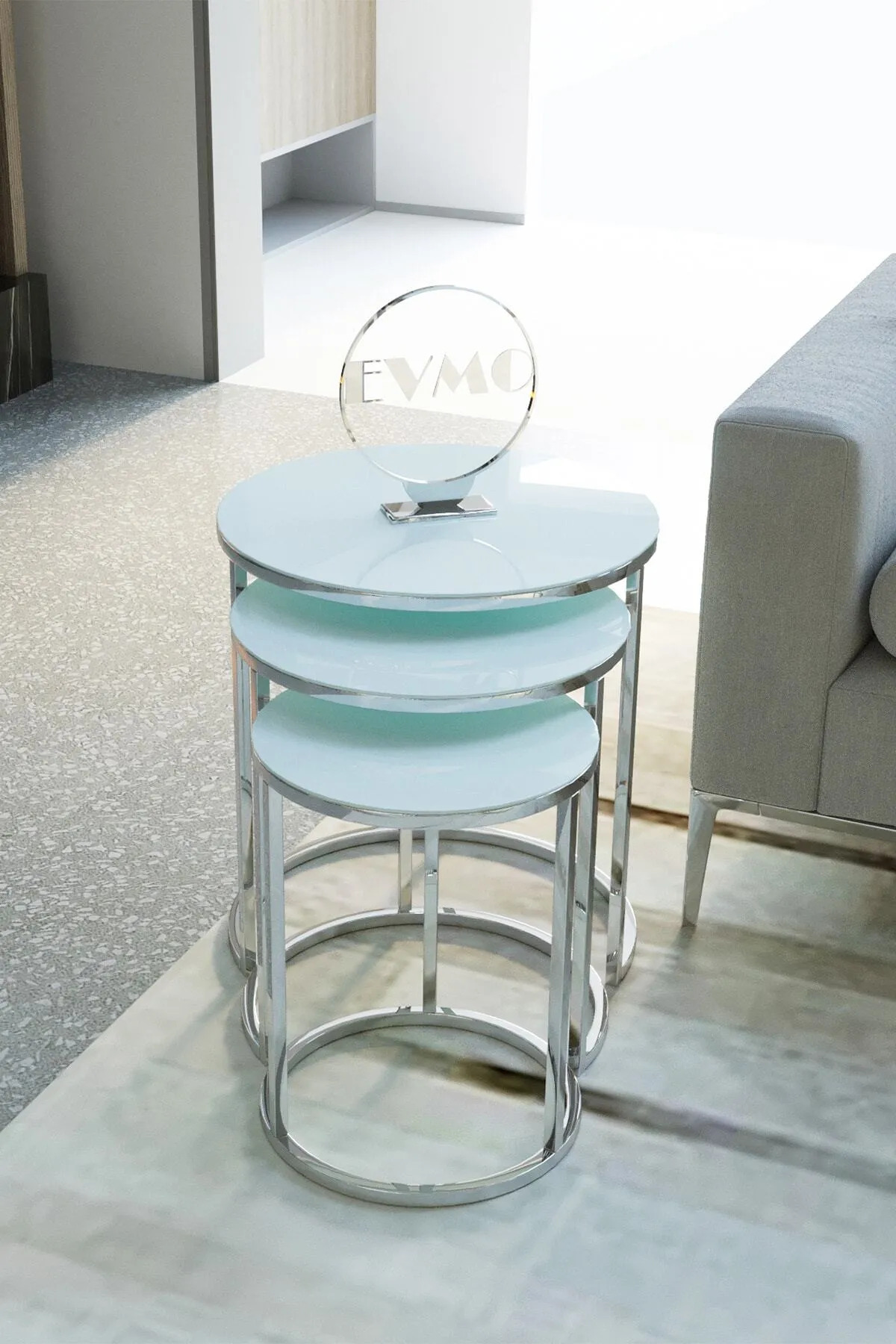 3' Lü& Bohem Sehpa & Zigon Sehpa & Orta Sehpa & Modern Sehpa Takımı & Gümüş Beyaz