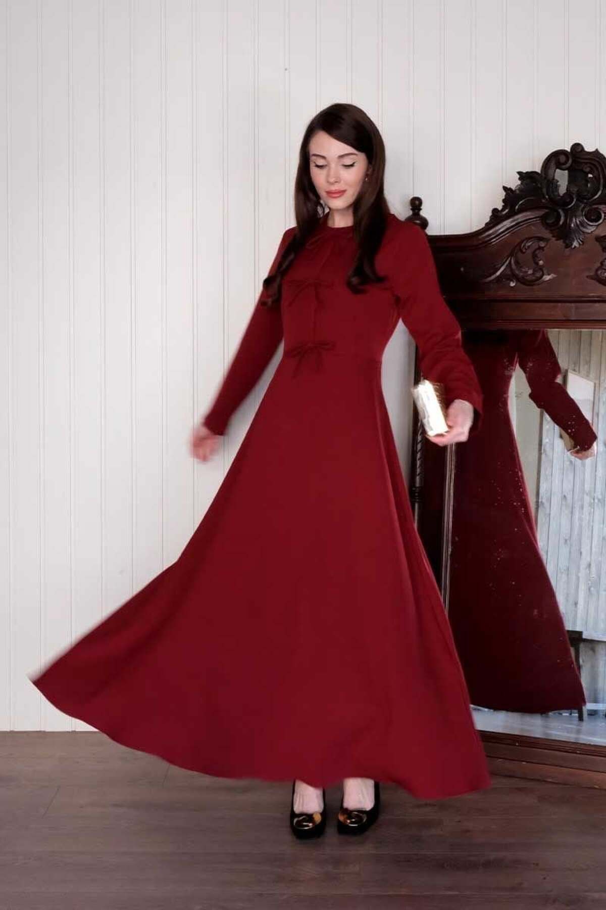 Ceylan Otantik Bordo Krep Fiyonk Detay Elbise
