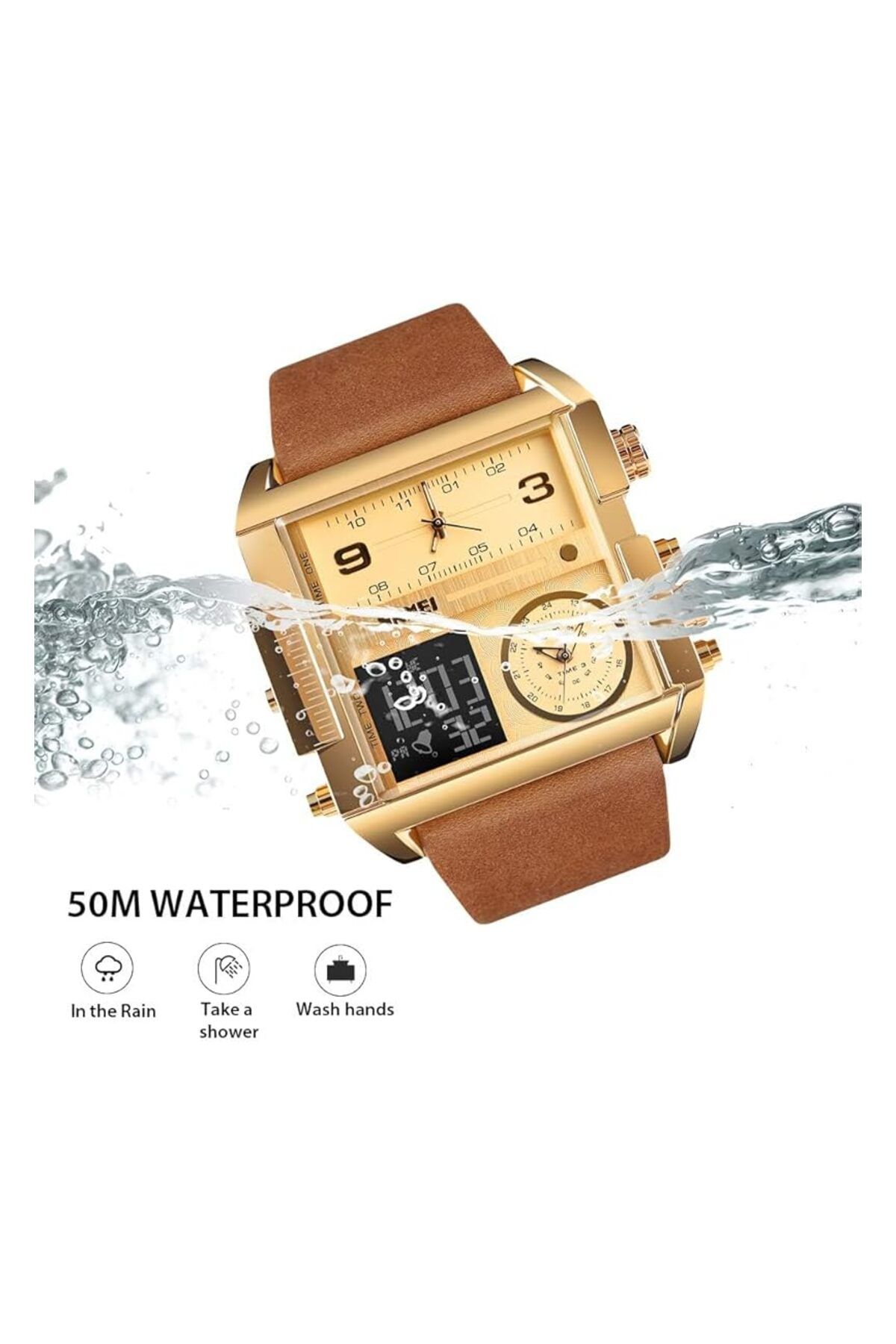 Generic-Men Unique Analog Watch With Dual Dial Cool Design Leather Band Dual Time Watches Analog Quartz 5