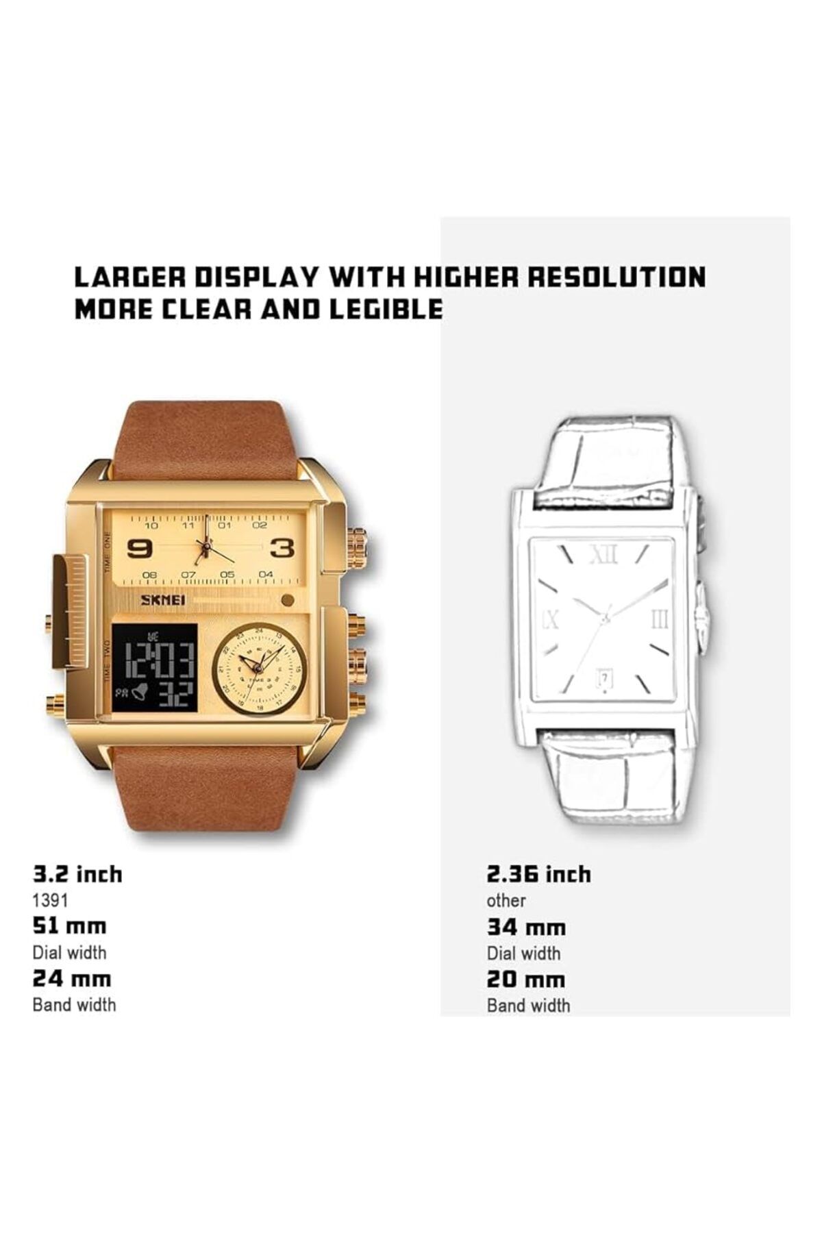 Generic-Men Unique Analog Watch With Dual Dial Cool Design Leather Band Dual Time Watches Analog Quartz 3