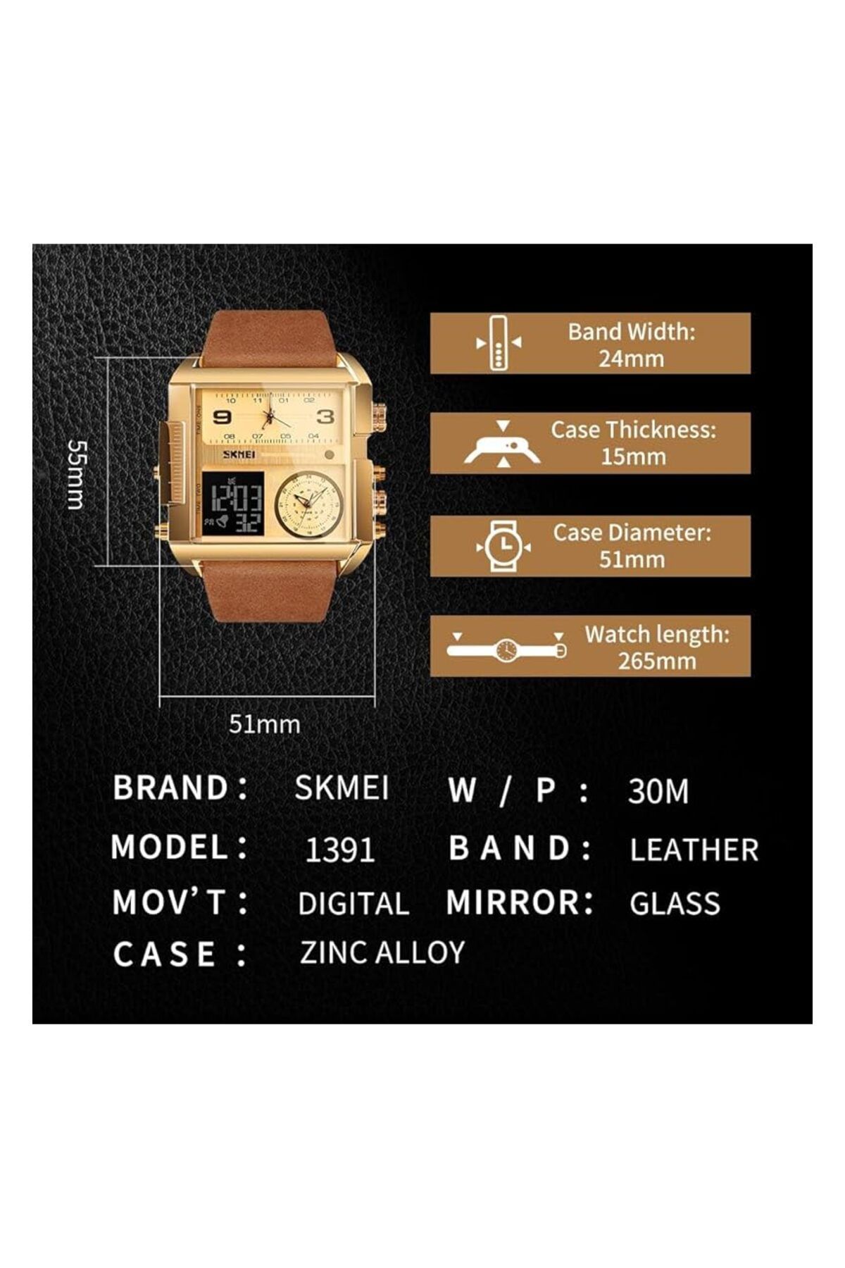 Generic-Men Unique Analog Watch With Dual Dial Cool Design Leather Band Dual Time Watches Analog Quartz 7