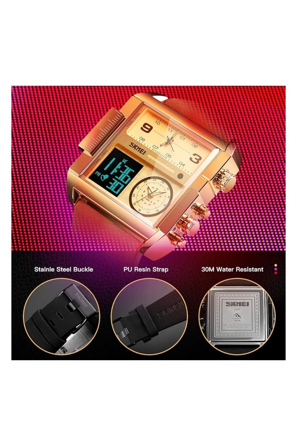 Generic-Men Unique Analog Watch With Dual Dial Cool Design Leather Band Dual Time Watches Analog Quartz 6