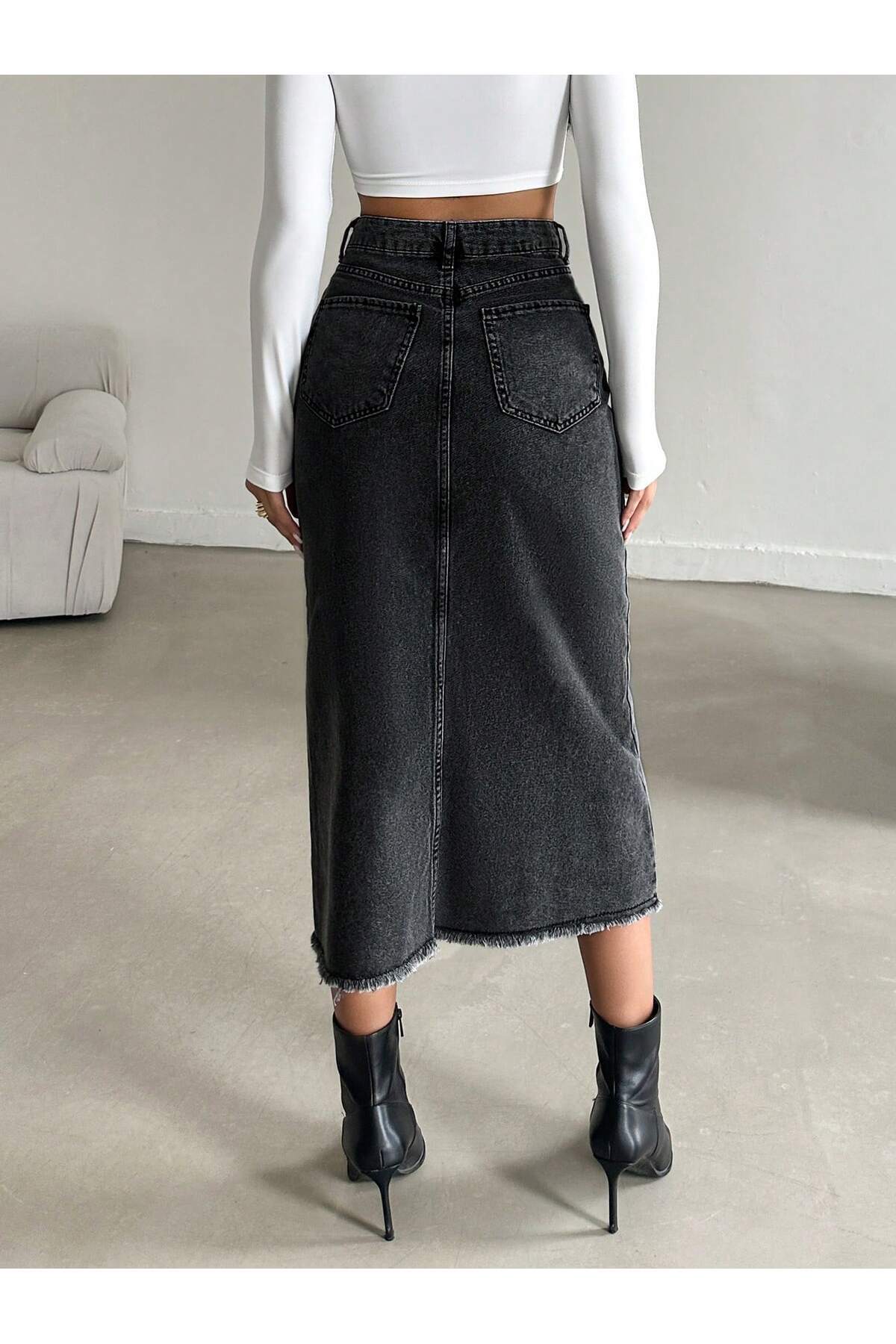 Dema  Kadın Denim Pamuklu Yırtmaçlı Uzun Siyah Etek - Görsel 5