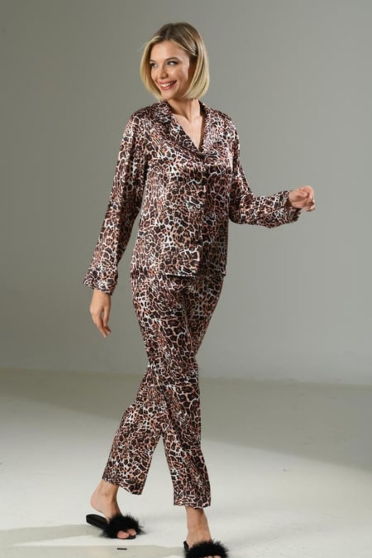 HOBİ CONDİ-Deluxe Design Model Special Series Soft Texture Feature Leopard Pattern Satin Nightgown Set 4