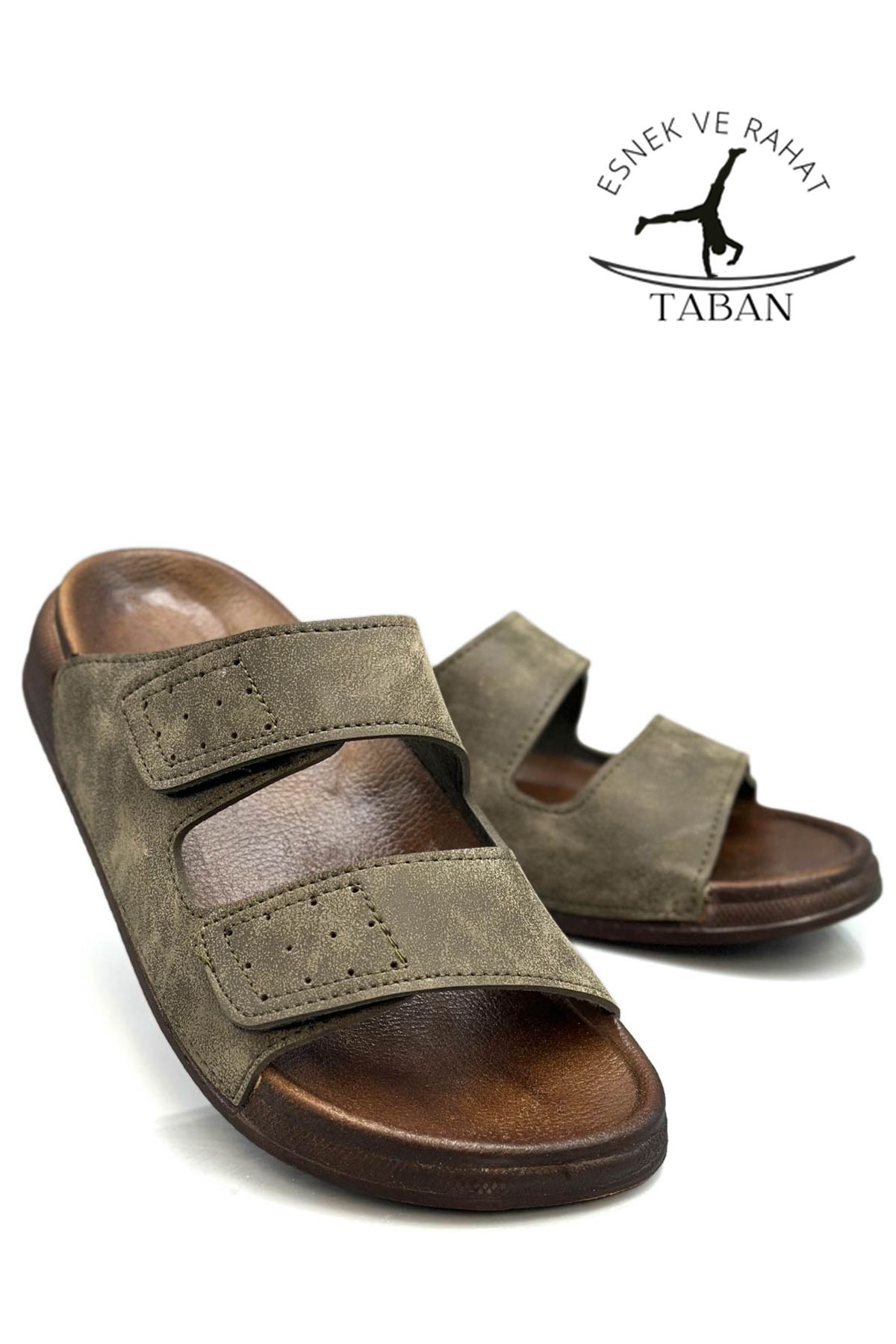 sermoda-Double Buckle Adjustable Width Flexible Comfortable Leather Men's Slippers 25103 C Khaki 5
