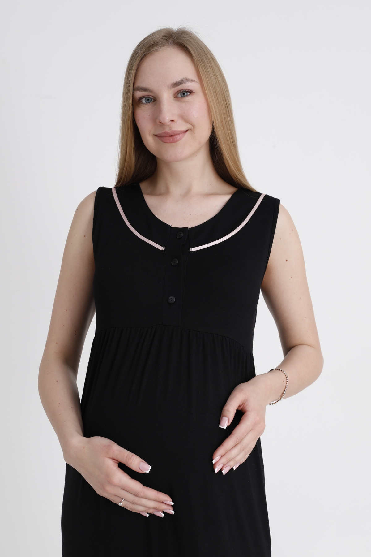 Miss Dünya Lissa Sabahlıklı Emzirmeye Uygun Şerit Detaylı Hamile ve Lohusa Sıfır Kol Gecelik Takımı fotoğrafı 5 (önizleme)