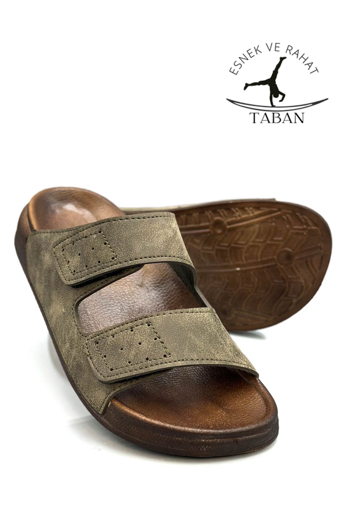 sermoda-Double Buckle Adjustable Width Flexible Comfortable Leather Men's Slippers 25103 C Khaki 6