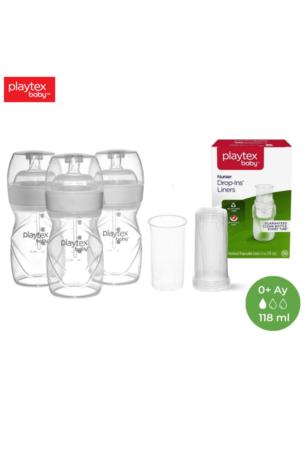Playtex Baby Yenidoğan Biberon Seti, 118ml, 0+ Ay, Yavaş Akış + 50Tek Kullanımlık Torba.