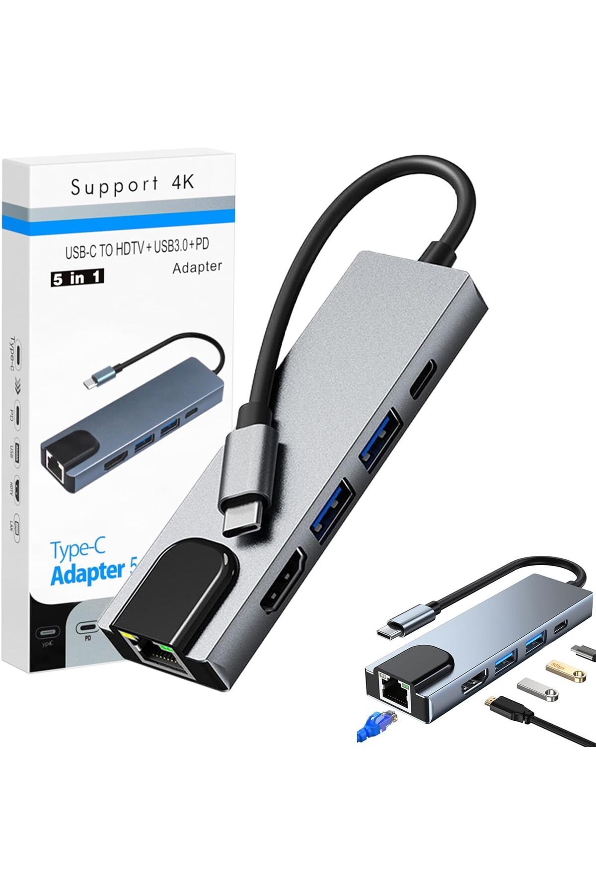 COOYA-محطة إرساء USB C 5 في 1، محول متعدد المنافذ مع HDMI 4K، توصيل طاقة PD 100 وات، 2 USB، إيثرنت 1