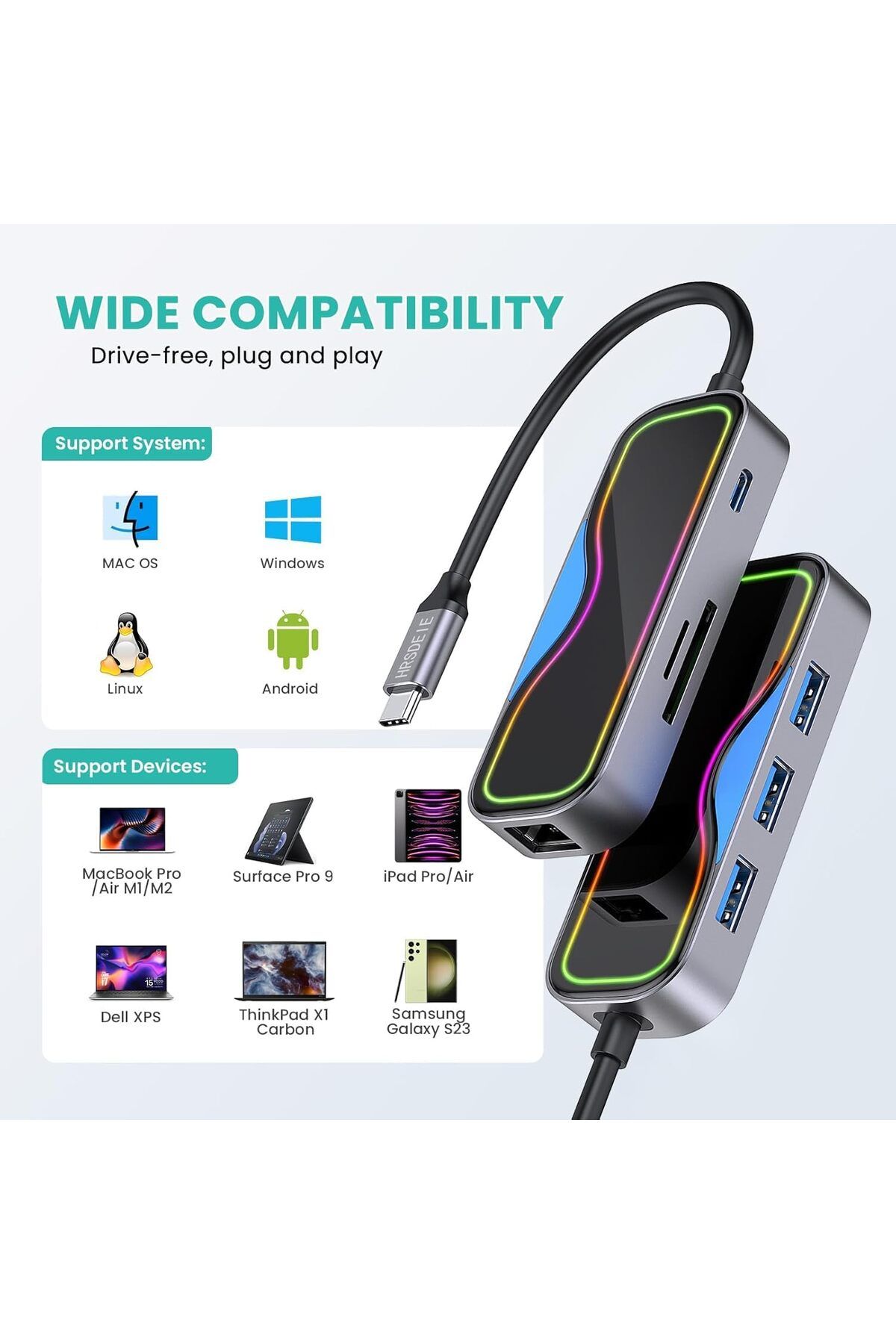 COOYA-محطة إرساء USB C، إيثرنت RJ45، موزع 7 في 1 100 واط PD، 3 منافذ USB 3.0، موزع محول متعدد المنافذ 7