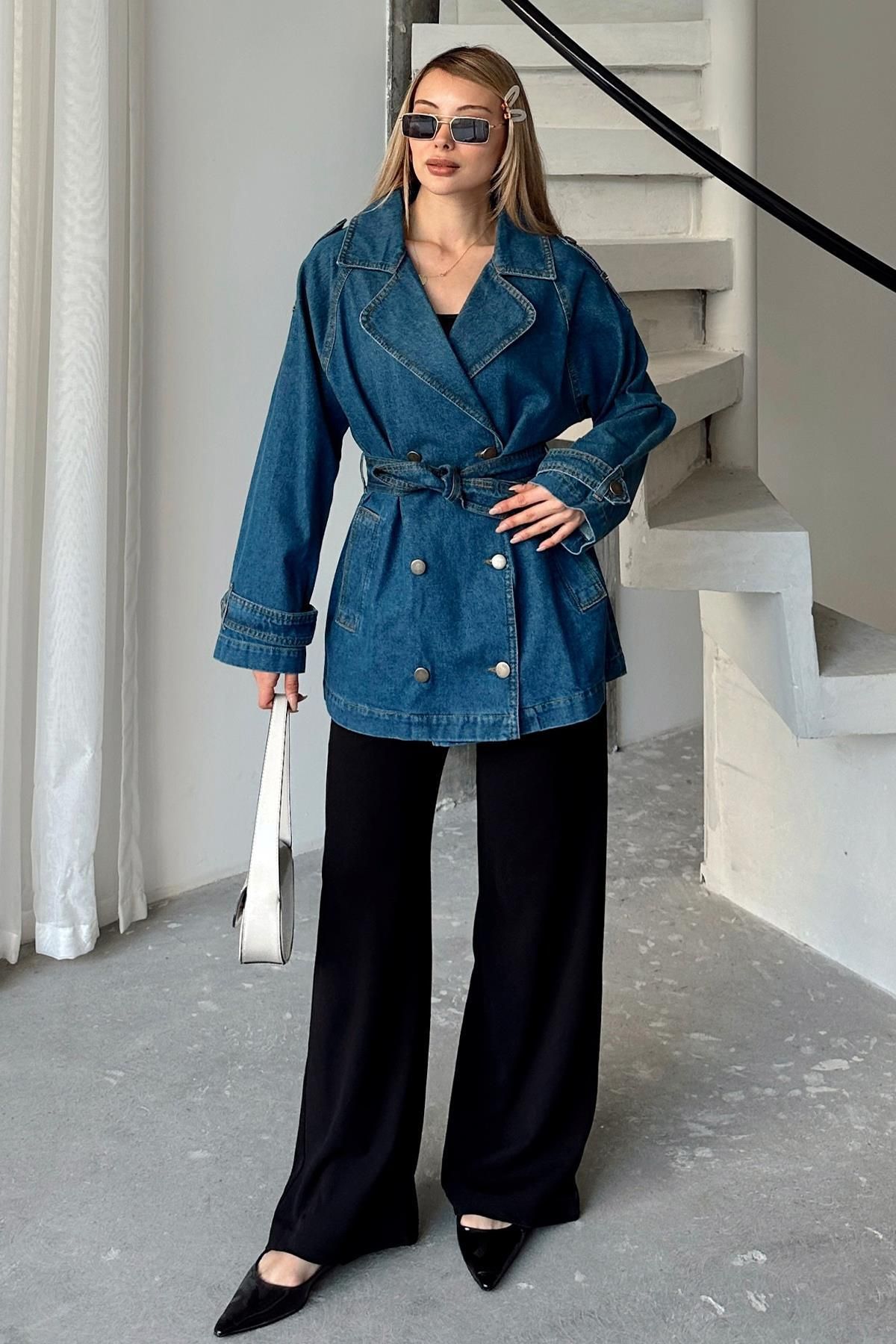 Olcay-Epaulet Detailed Oversize Denim Jacket Dark Blue 8251 2