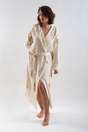 Makro Trend Peştemal Bornoz Pamuklu Müslin Plaj Sarı Çam Yaprak Desenli 1 Ade...