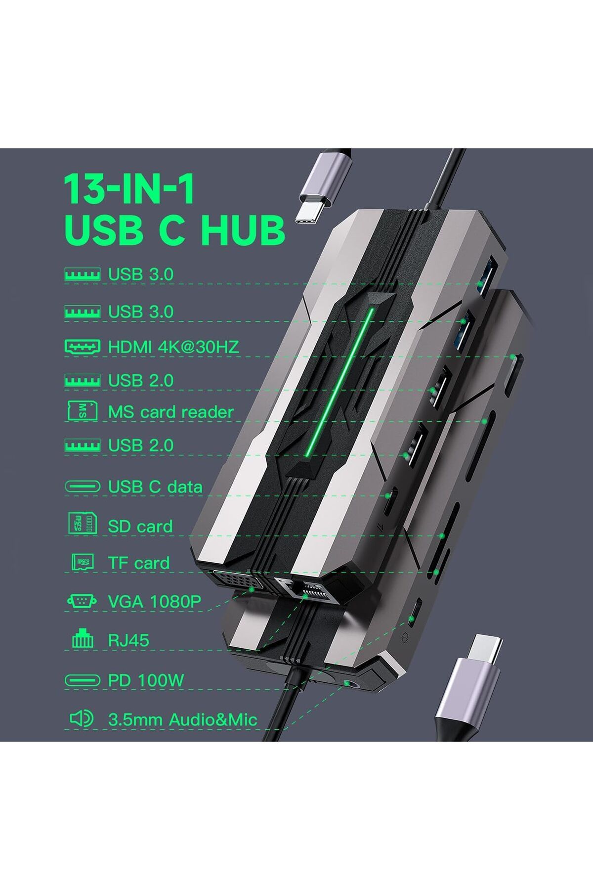 COOYA-13-in-1 USB C Multiport Adapter,4K HDMI, MS/SD/TF, VGA, 100W PD Charging, Ethernet, USB 3.0|2.0 2