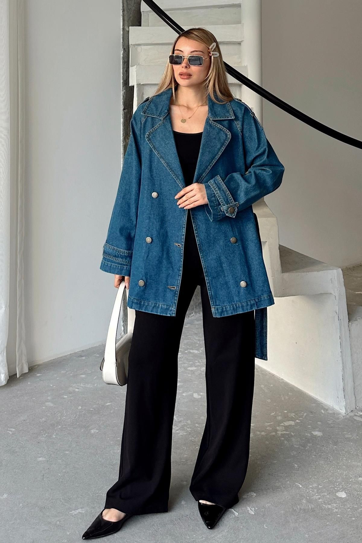 Olcay-Epaulet Detailed Oversize Denim Jacket Dark Blue 8251 3