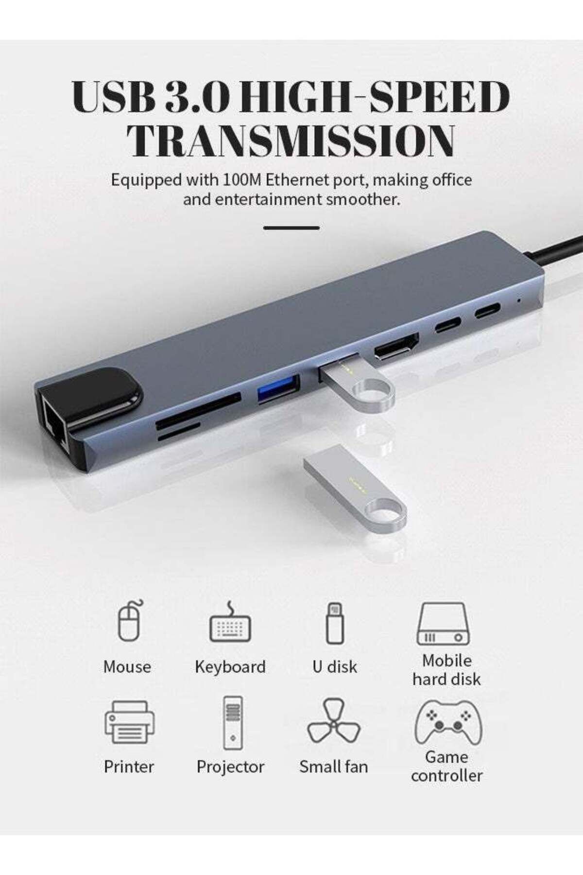 COOYA-محطة إرساء متعددة الوظائف 8 في 1 مع موزع USB-C مع USB (2.0/3.0/C)، تلفزيون عالي الدقة، قارئ بطاقات SD/TF 6