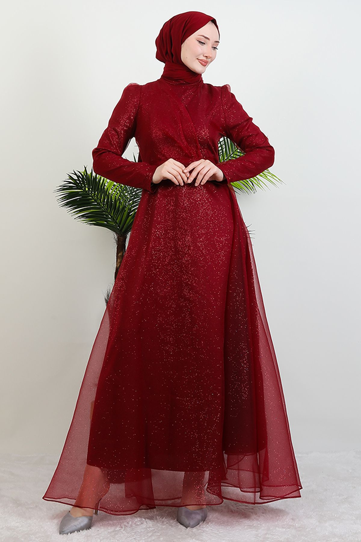 Giza Giyim-Alara Hijab Evening Dress Claret Red 2