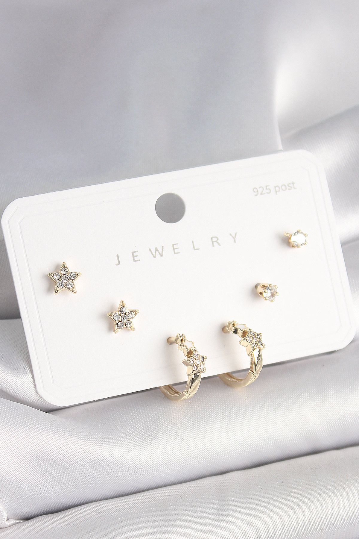 LovelymCo 925 Ayar Çivi Pirinç Gold Renk Zirkon Taşlı Yıldız Model Kadın Küpe Seti - Lisinya