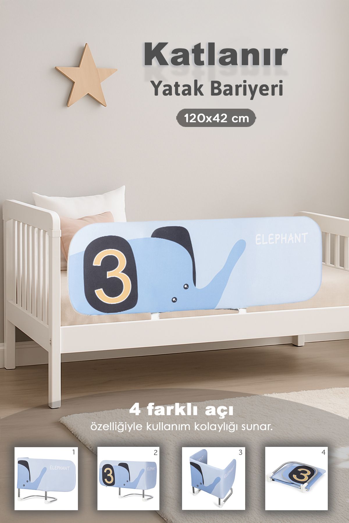 120x42 cm Katlanır Bebek Yatak Bariyeri - Fil Figürlü Koruma Güvenlik Bariyeri Baza Korkuluğu