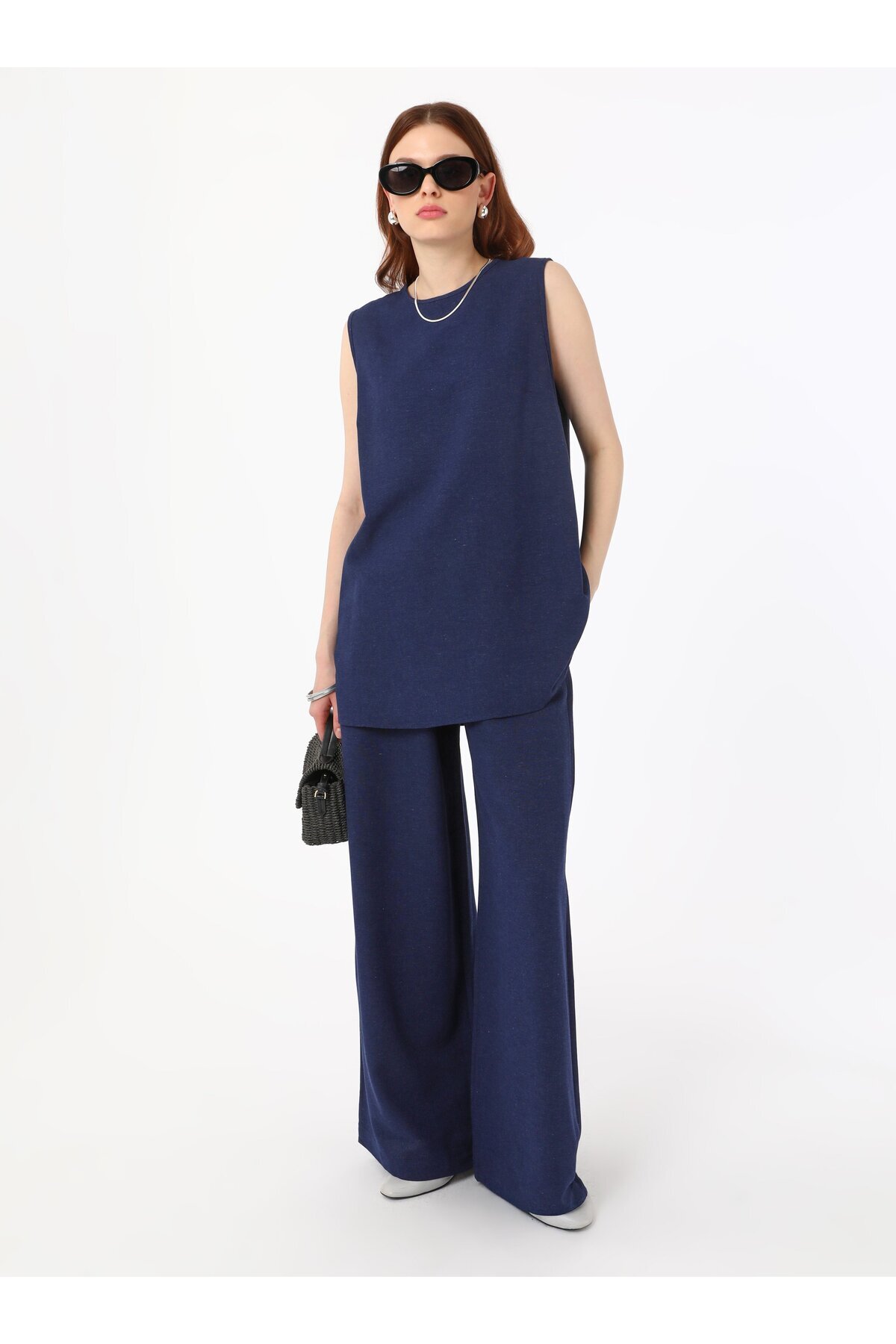 Refka-Navy Blue Linen Tunic and Trousers Double Suit - Refka 1