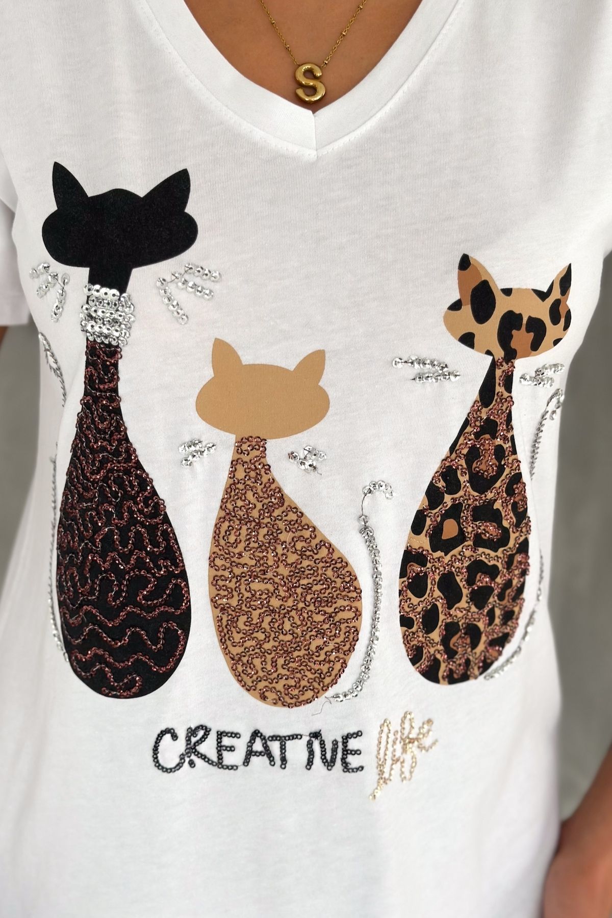 FEMELLE-Women's White V-Neck Large Size Cat Sequin Sequin Embroidered 100% Cotton T-Shirt 3