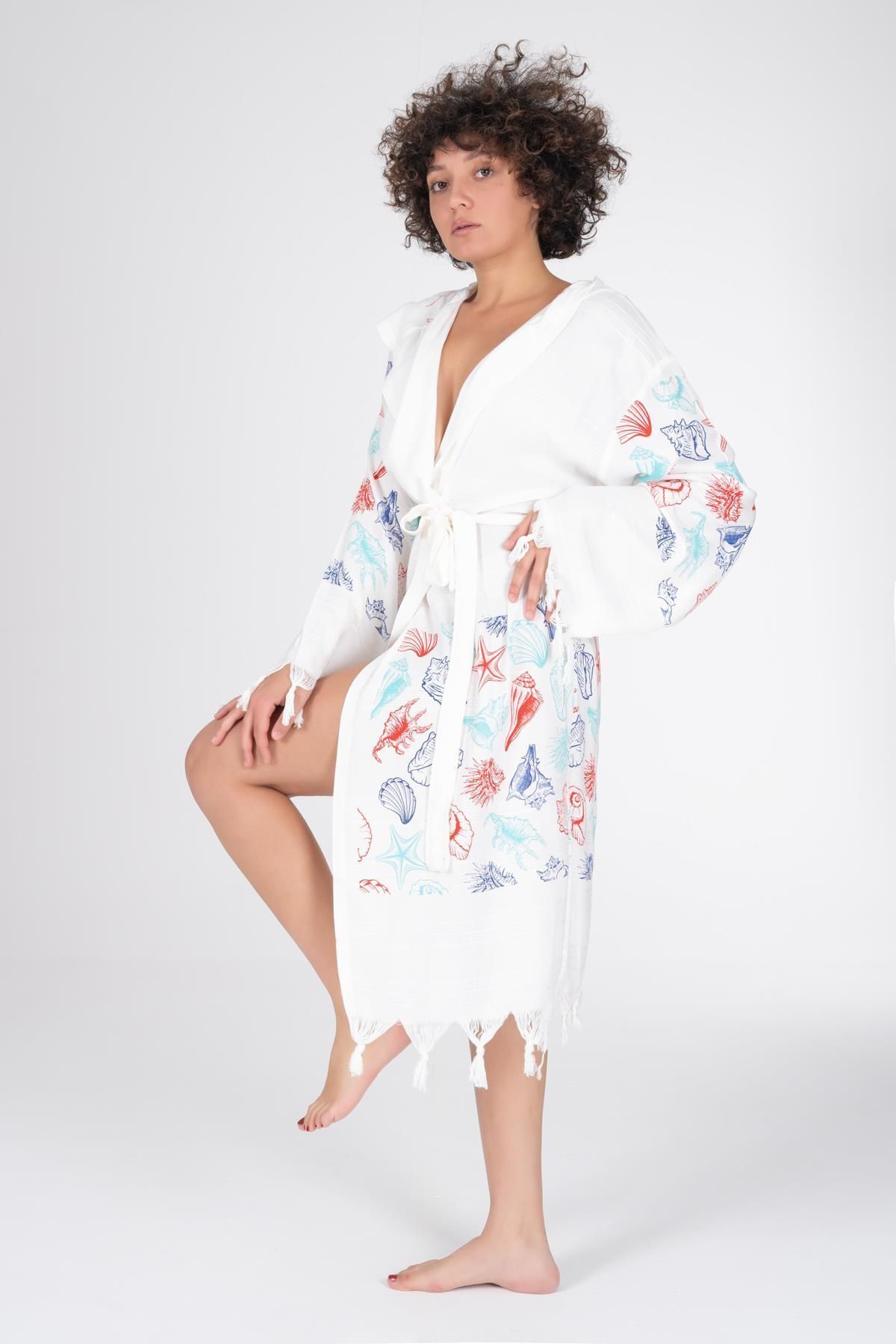 VAROL-Bamboo Peshtemal and Dressing Gown Set - Printed Bathrobe 3