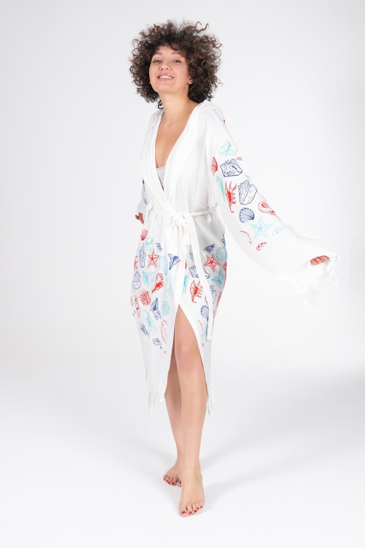 VAROL-Bamboo Peshtemal and Dressing Gown Set - Printed Bathrobe 6