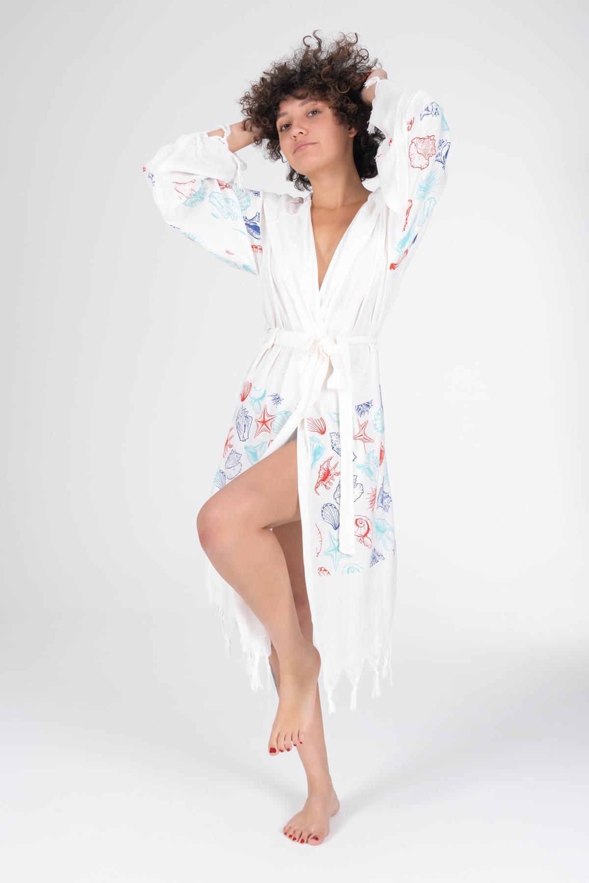 VAROL-Bamboo Peshtemal and Dressing Gown Set - Printed Bathrobe 2