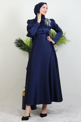 giz astore Omzu Taşlı Saten Abiye Lacivert