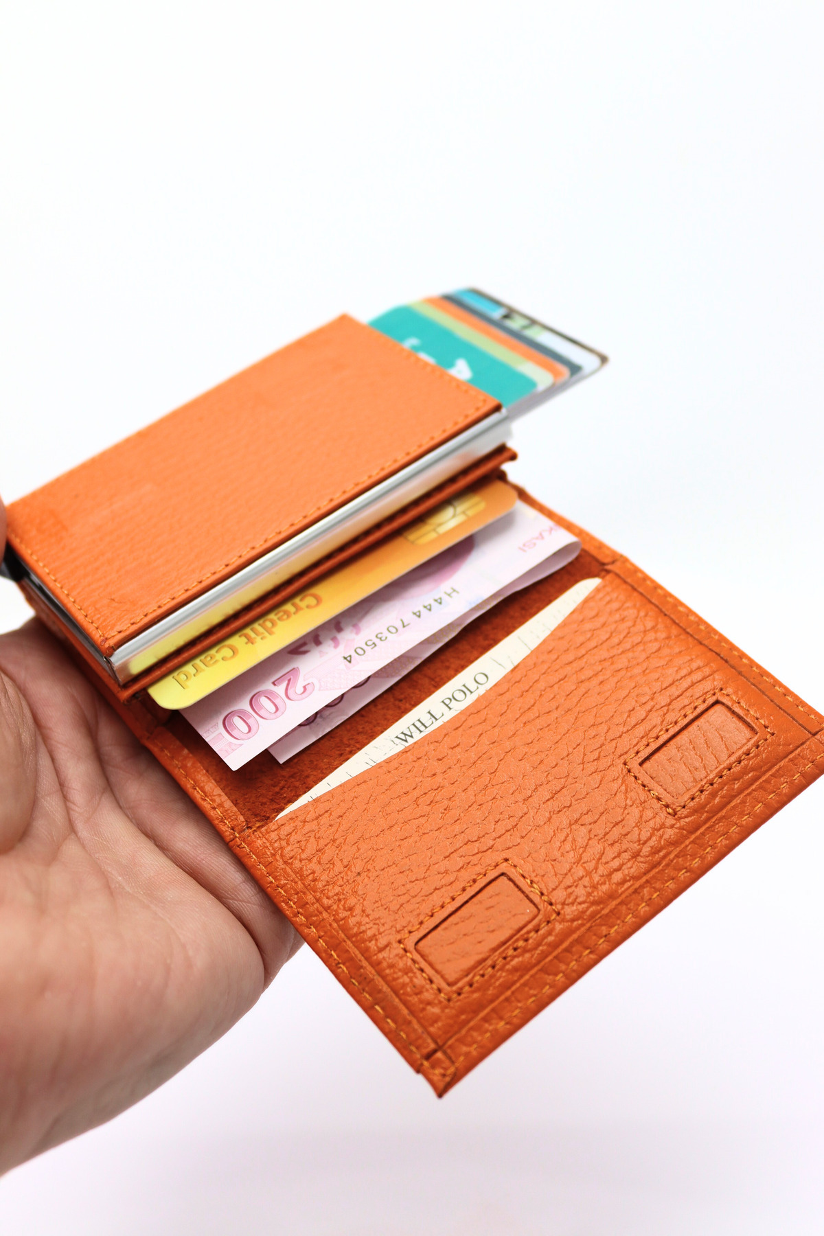 Authentic Calfskin Natural Purse Sectional Mechanism Automatic Orange Card Wallet