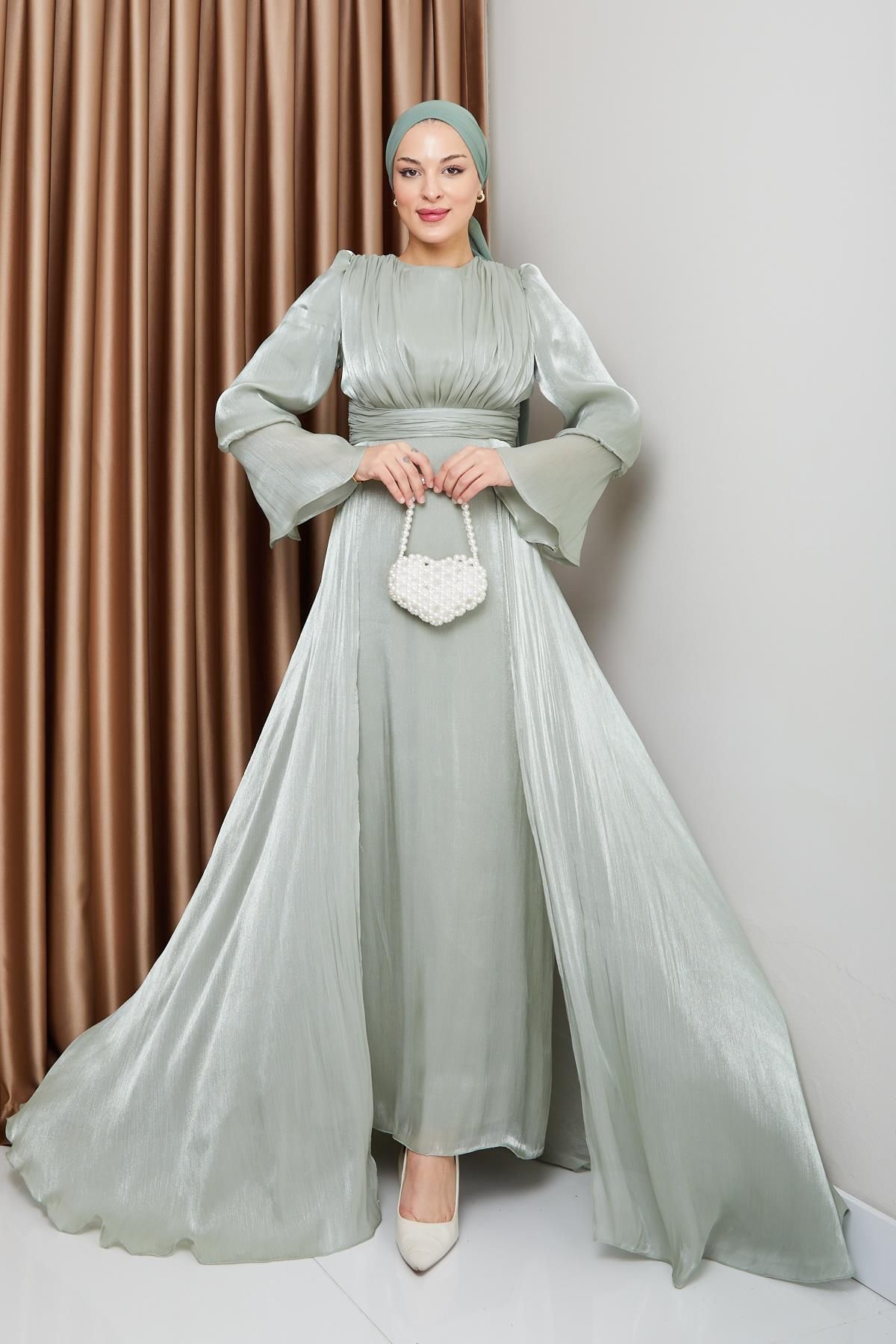 Olcay-Hellgrüne Hijab-Abendkleider aus Seide – Yoryo-Kleid mit Cape-Rock 1235 1