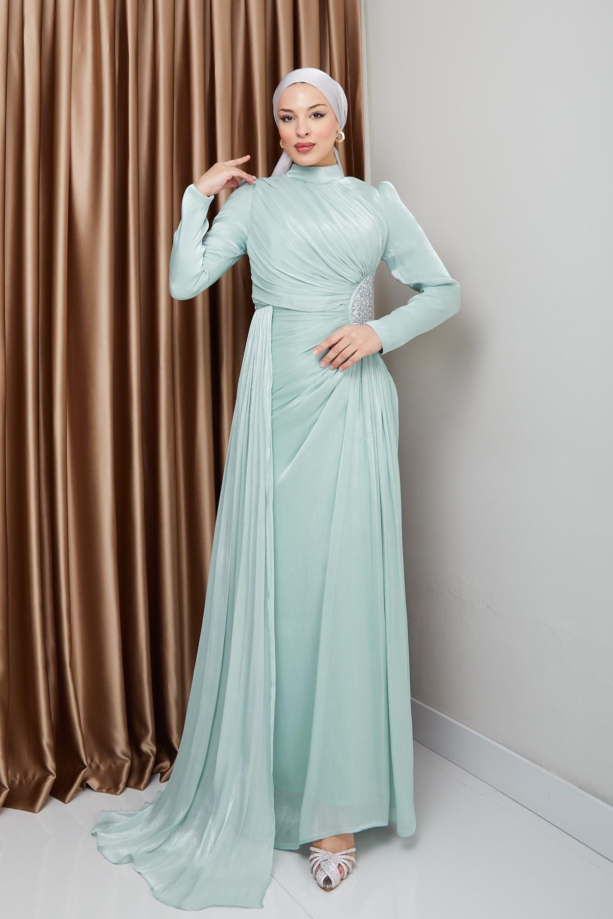 Olcay-Yoryo Seiden-Hijab-Abendkleid – MİNT 1233 mit Steinen und Kordelzug-Details 4