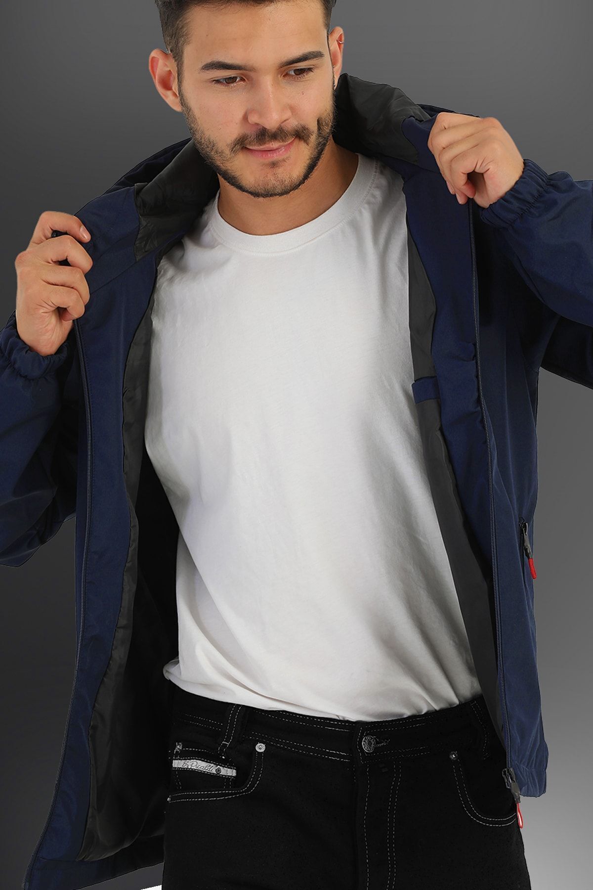 river green  Erkek Saks Içi Astarlı Suya Dayanıklı Kapüşonlu Cepli Yağmurluk - Rüzgarlık Ceket - Görsel 4