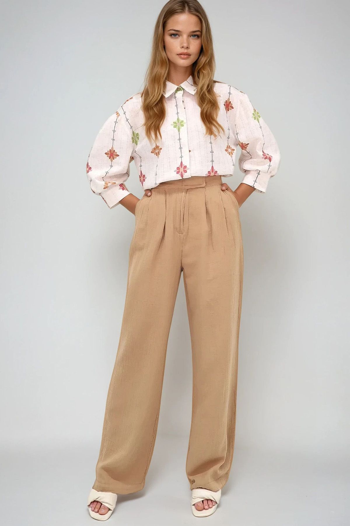 VAGGON-Women's Beige Pleated Velcro Muslin Linen Trousers Prmx12110 2