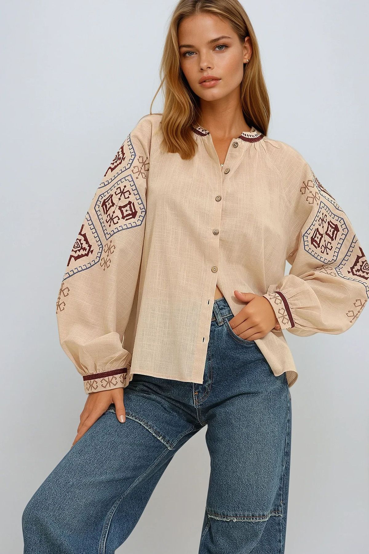VAGGON-Women's Beige Balloon Sleeve Embroidered Collarless Shirt Vgn-X11290 1