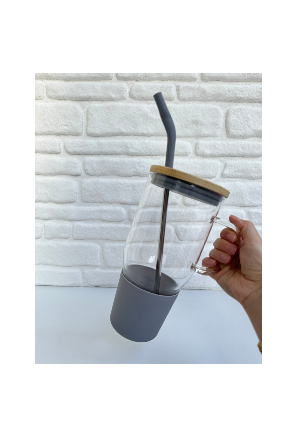 Bambu Kapaklı Paslanmaz Çelik Pipetli Renkli Silikon Başlıklı Cam Big Mug Bardak Kupa Termos 1 L