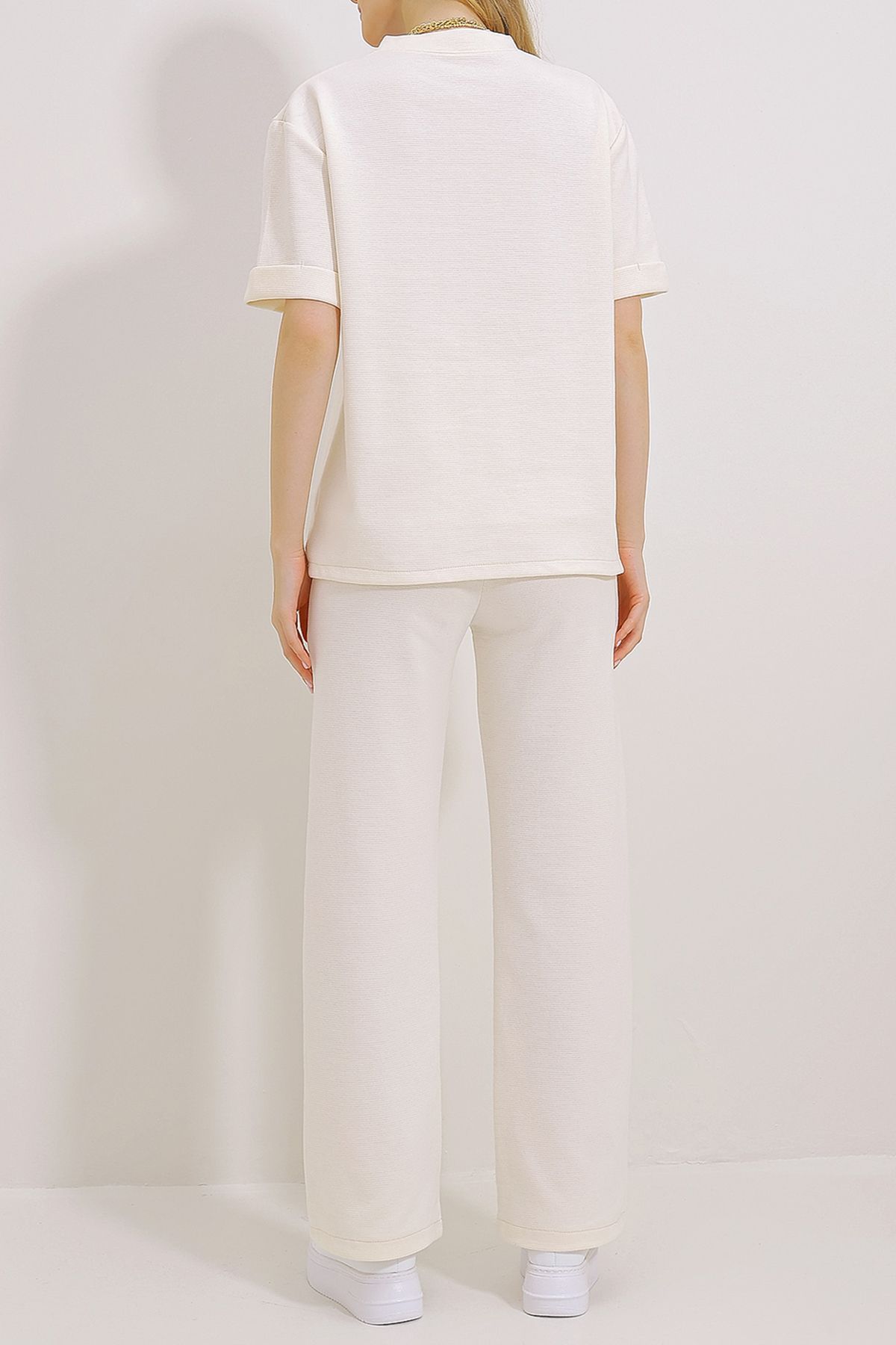 VAGGON-Women's Ecru Double Sleeve Collar Buttoned Top and Bottom Set with Trousers Prmx11487 4