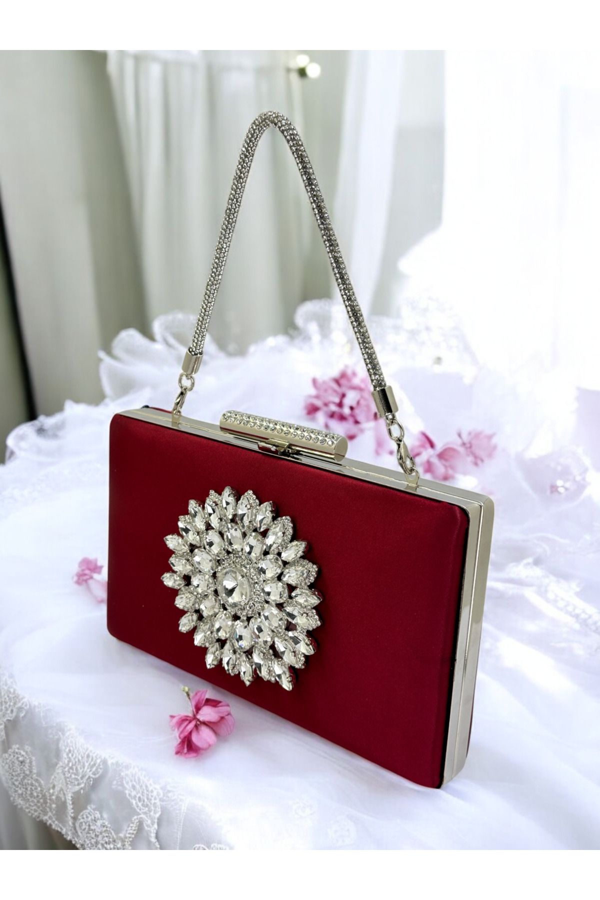 Biçanta Burgundy Cristal Piatra Satin Maner Piatra Geanta Seara Dama Geanta Seara Nunta Logodna Absolventa Femeie - One Size