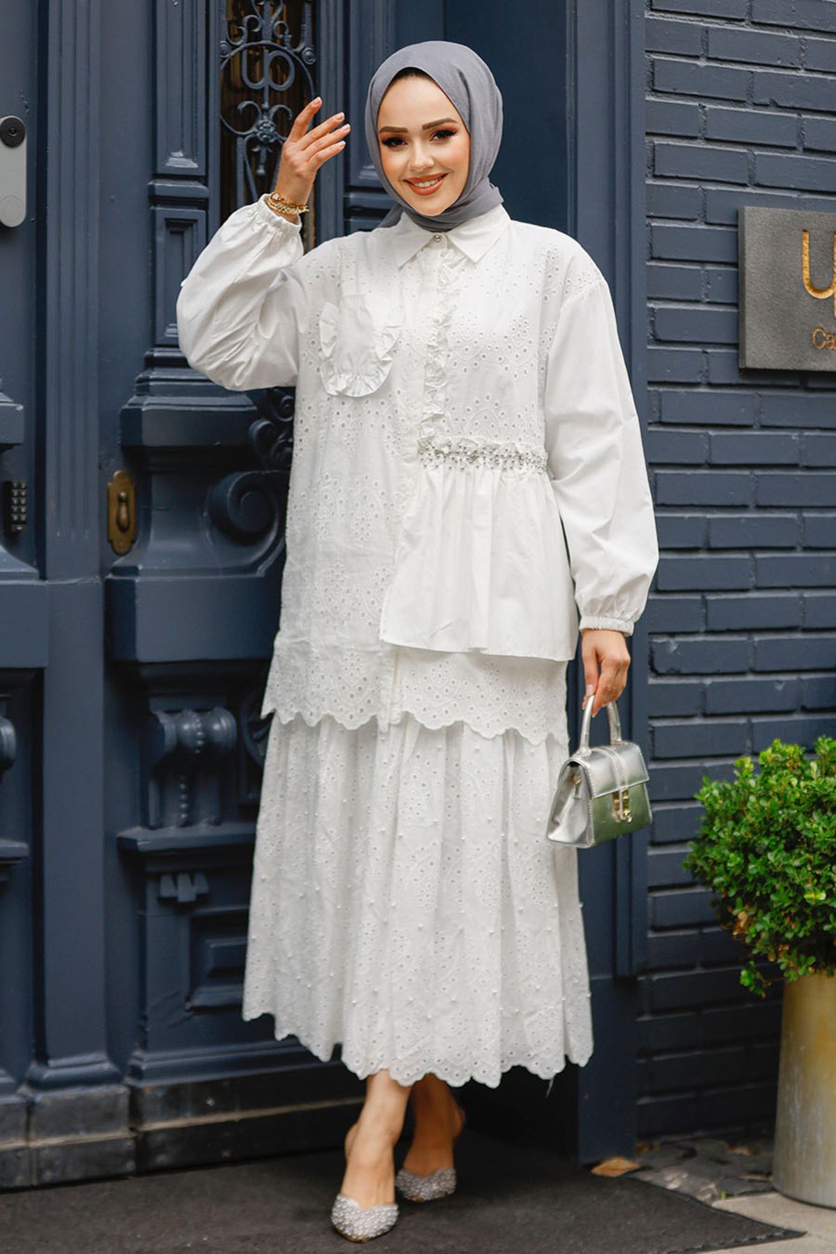 Neva Style-Λευκό Κορδόνι Hijab Tunik - 14261B 3