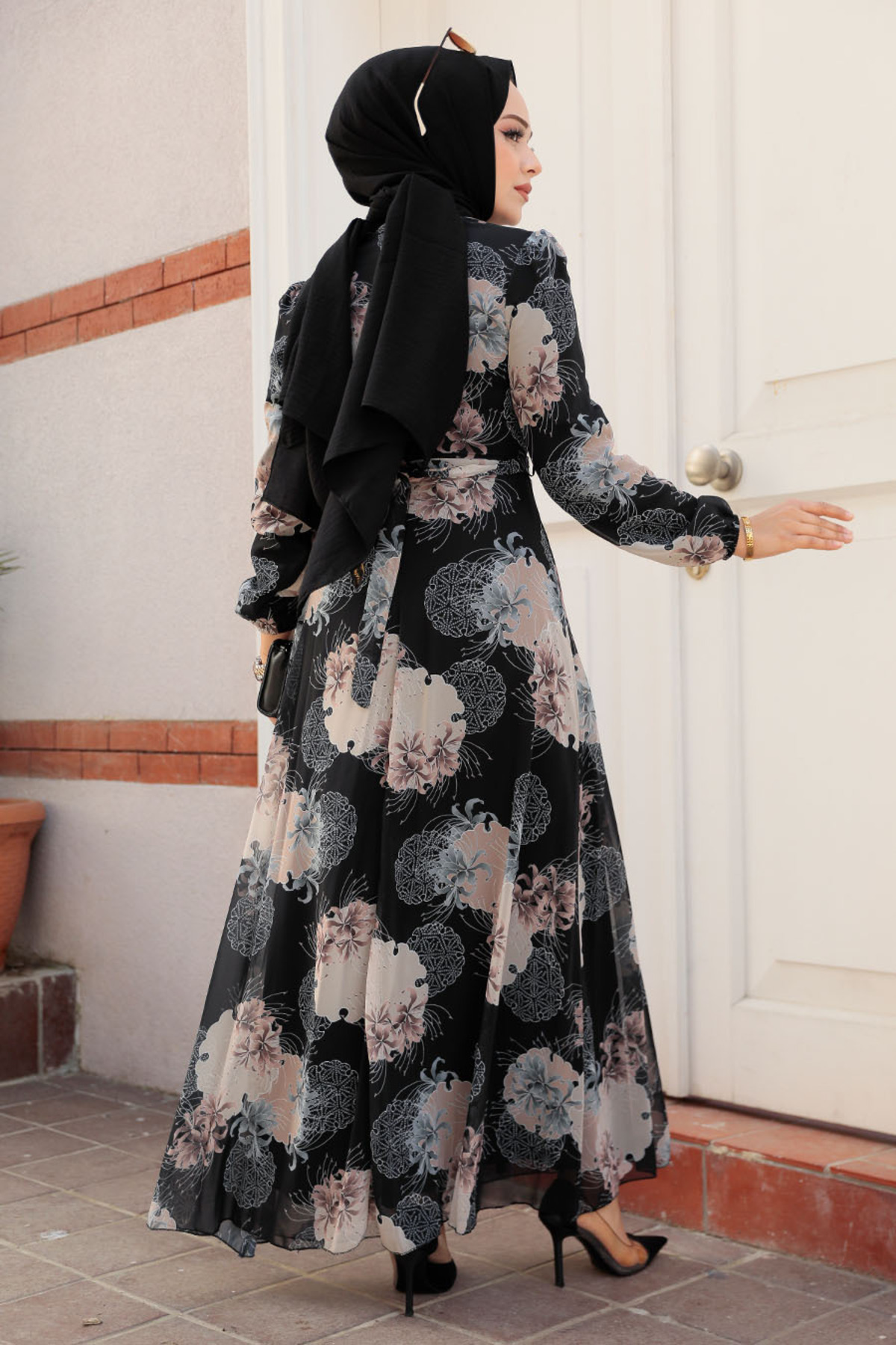 Neva Style-Floral Patterned Mink Hijab Dress 279323 V 3