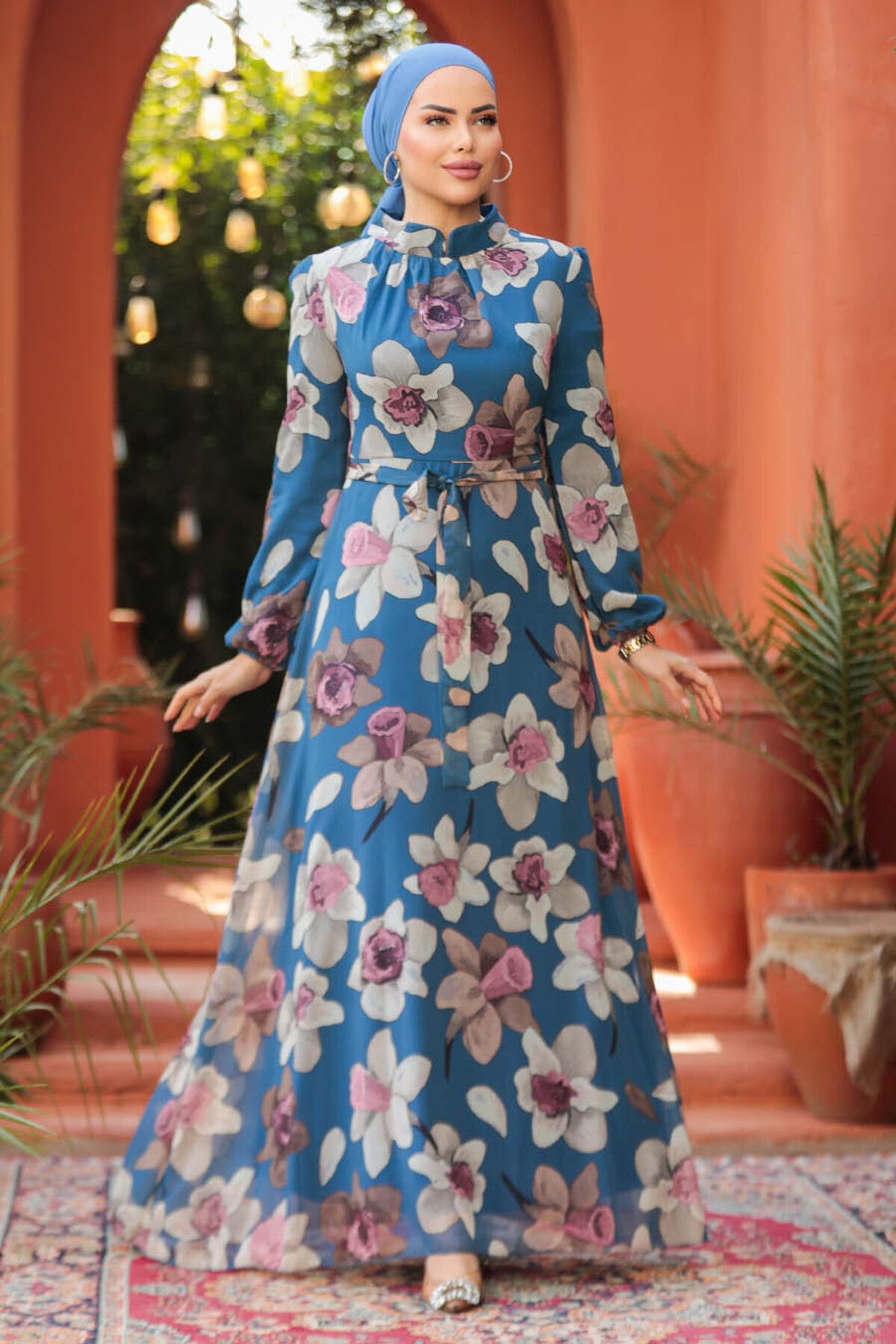 Neva Style-Floral Patterned Indigo Blue Hijab Dress 279325 I'M 1
