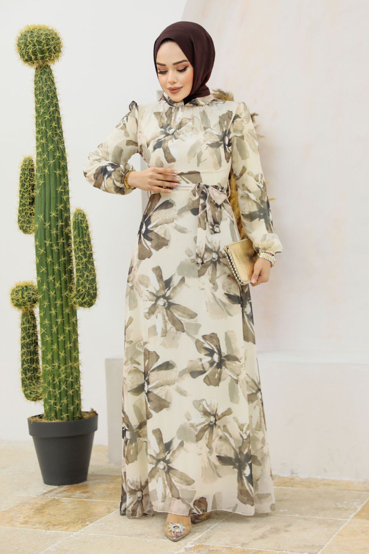 Neva Style-Rochie hijab din nurcă cu modele florale 279322 v 2