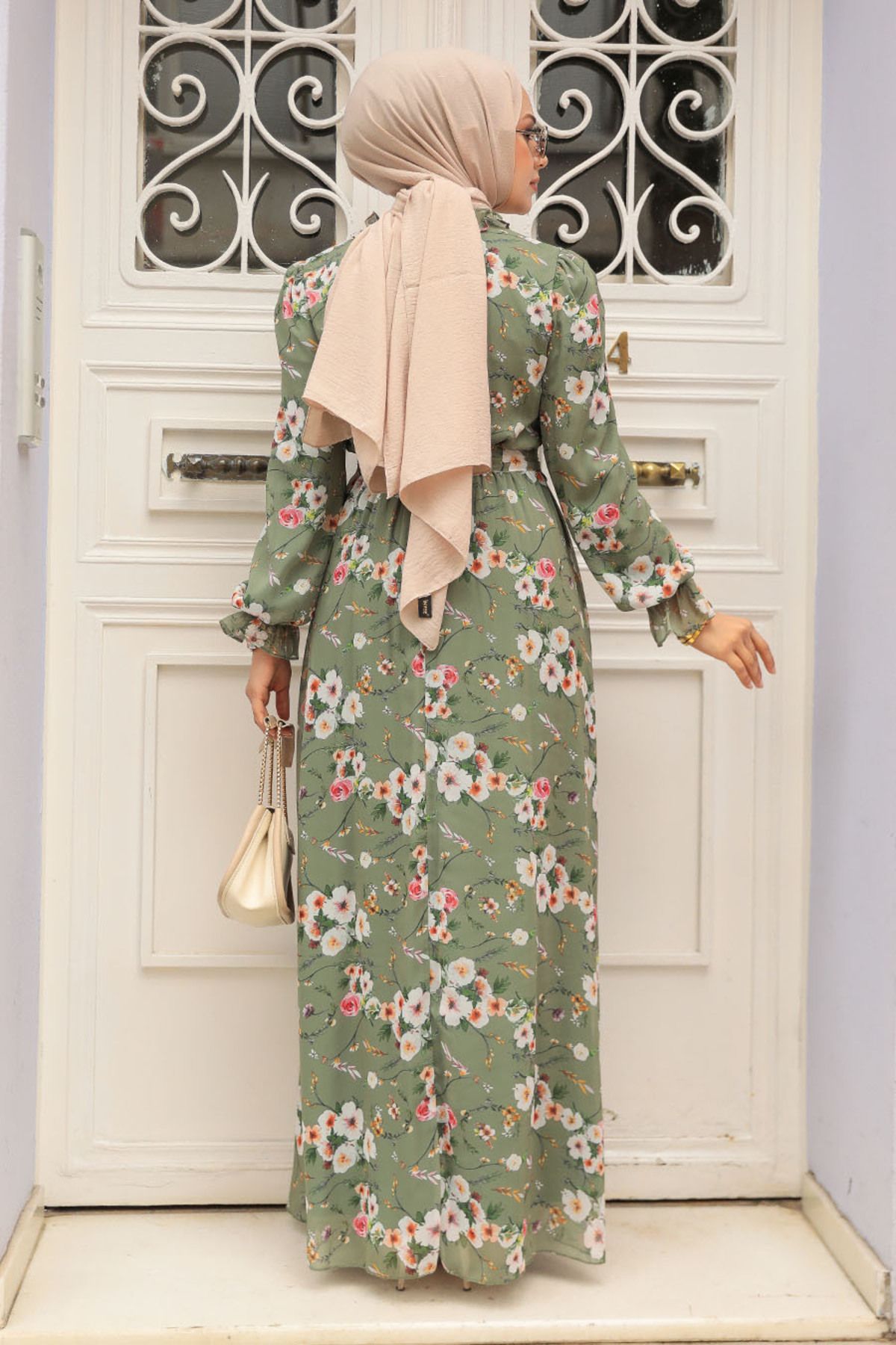 Neva Style-Φόρεμα Hijab Χακί με λουλούδια 29711hk 3