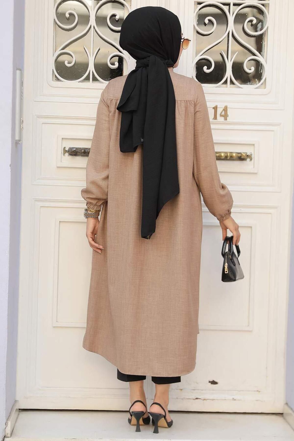 Neva Style-Camel Hijab Tunic - Buttoned, Model 5642C 3