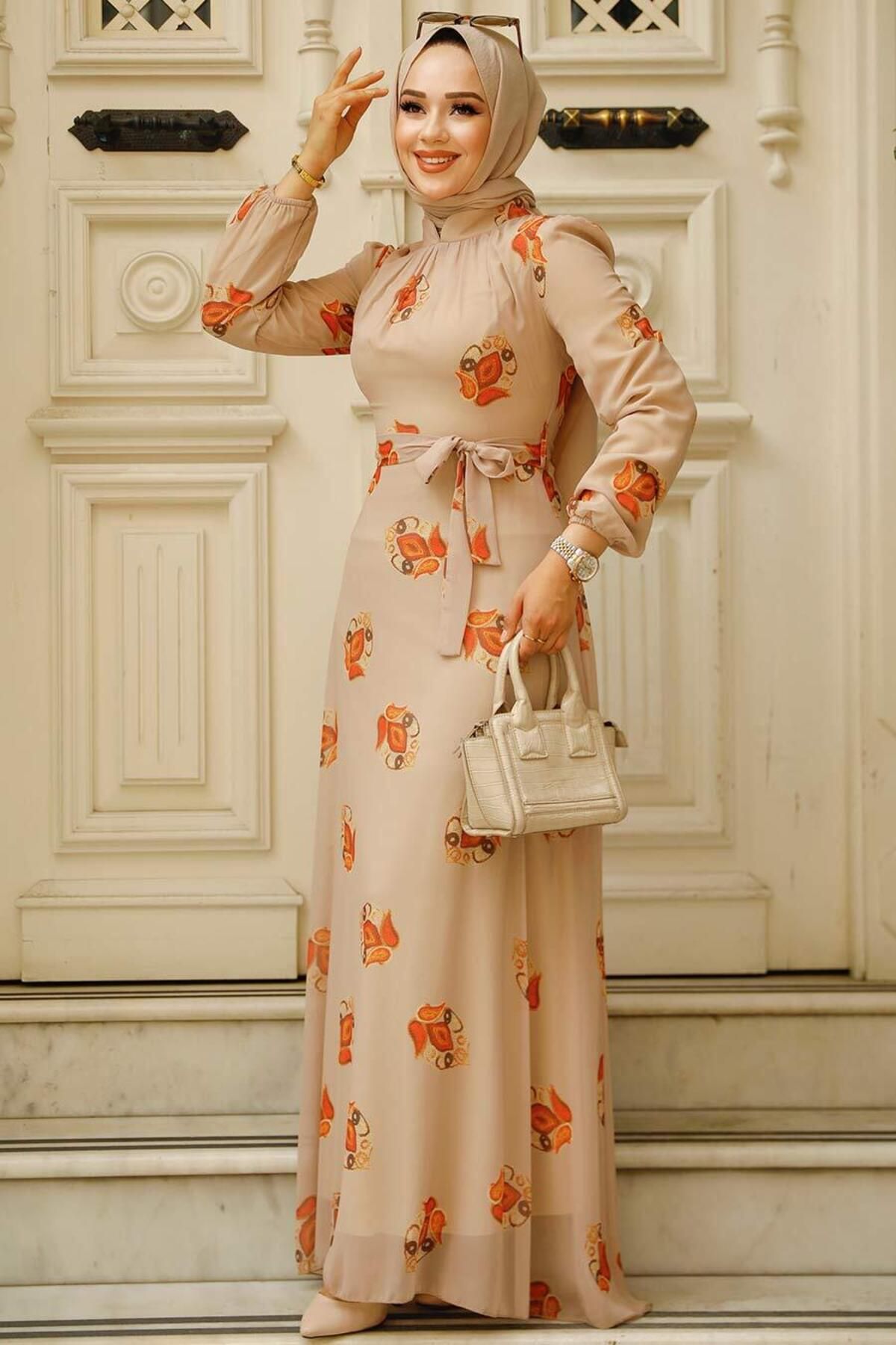 Neva Style-Floral Patterned Mink Hijab Dress 27937V 3